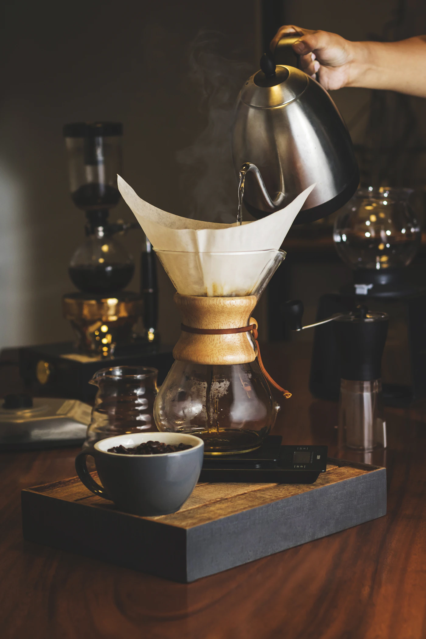 Hot water being poured through a coffee filter in a coffee-making setup